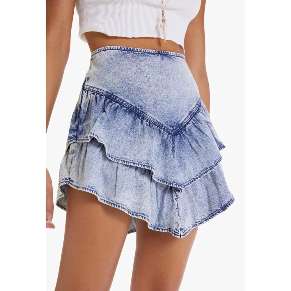 MOTHER The Ruffle Mini Skirt in Denim Size 28 $188 NEW [jb]